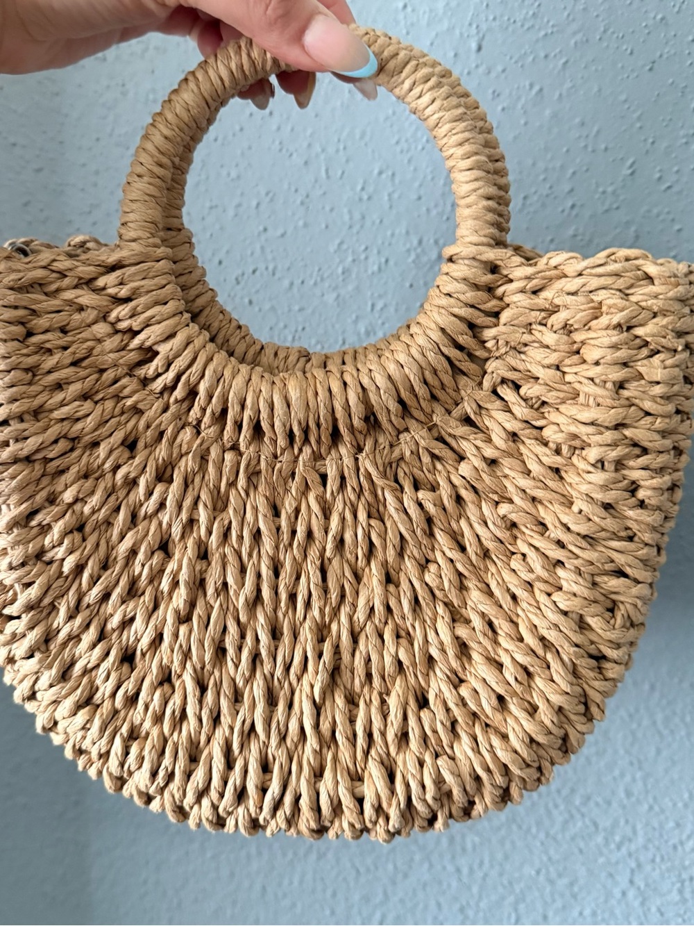Woven Straw Round Handle Tote Bag in Natural - Picture 2 of 5